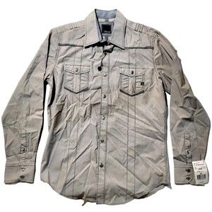 7 Diamonds Pinstripe Shirt Mens Medium Brown Long Sleeve Western Dress Military